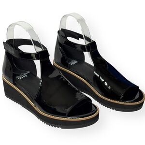 EILEEN FISHER Data Black Patent Ankle Strap Wedge Sandals Size 7